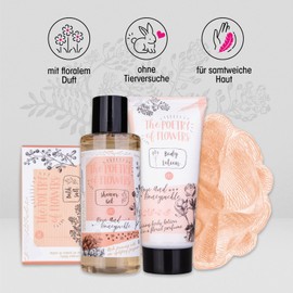 accentra - Gift Set Women Poetry of Flowers 4-Piece - Bath Set Gift with Body Lotion, Bath Salt, Shower Gel & Mesh Sponge - Wellness Set for Women & Girls for Birthday & Valentine's Day