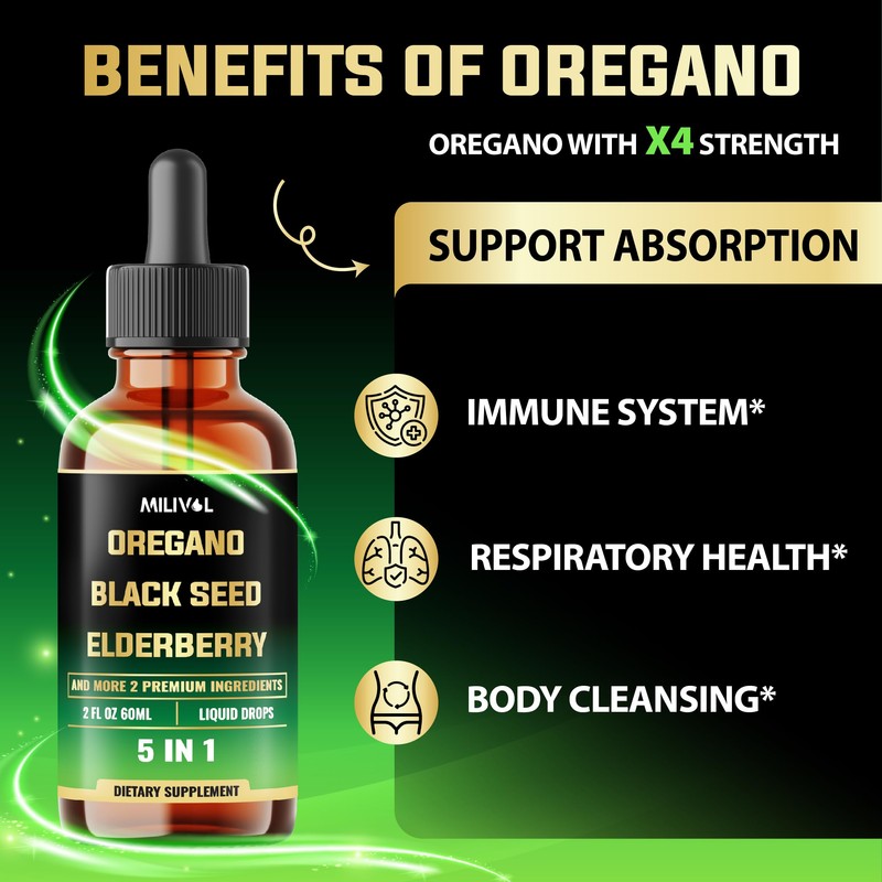 MILIVOL 5in1 Oregano Oil Liquid Drops with Black Seed, Elderberry,