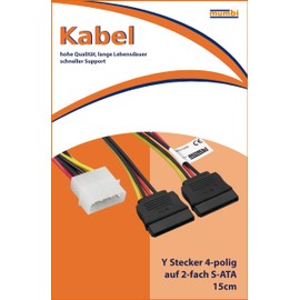 mumbi Power Cable Y Connector 4-Pin to 2 Y SATA Power Cable 1x 4 Pin to 2x 15pin S-ATA Length: Approx. 15 cm