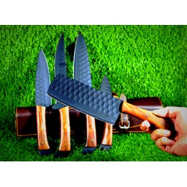 Hand Forged Chef Knife Set with Leather Roll Kit - Slicing and Peeling Butcher Knife Christmas Gift - 5PCs,cs171
