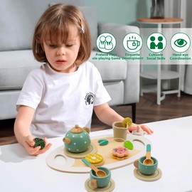 Gifts for 3 4 5 6 7 Year Olds Boys Girls, Wooden Tea Set for Toddlers, Kids Afternoon Tea Set Toy, with Dessert Tray Teapot Kitchen Accessories, Presents for Birthday Christmas(Green)