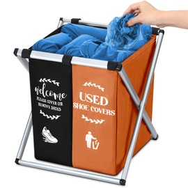 Wonderjune Foldable Disposable Shoe Cover Box Dispenser Fabric Storage Bin Holder with Used Shoe Covers and Welcome Please or Remove Sign for Open House Supplies (Black, Orange)