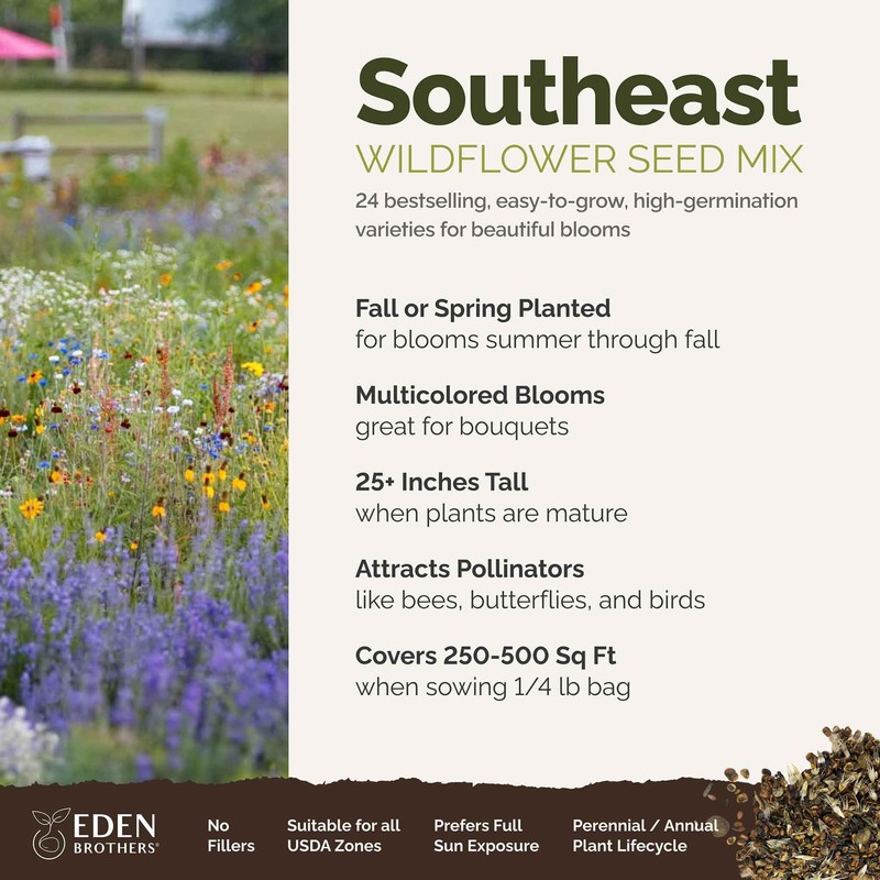 Eden Brothers Southeast Wildflower Mixed Seeds for Planting, 1/4 lb,