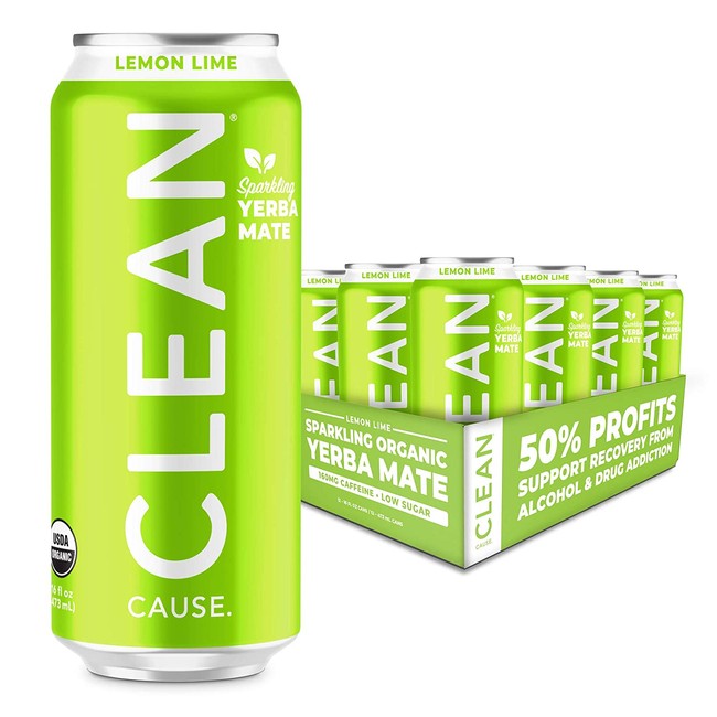 Lemon Lime Sparkling Yerba Mate - Organic, Low Calorie & Low Sugar (160mg Caffeine), 16oz cans, 12-pack - CLEAN Cause - 50% Profits Support Alcohol & Drug Addiction Recovery