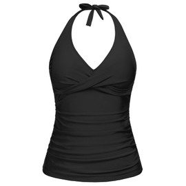 Tempt Me Women’s Tankini Top Halter Tummy Control Swim Tops Only Twist Front V Neck Bathing Suit No Bottom, Black, X-Large