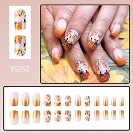 Fall Press on Nails Pumpkin Fall Leaves Fake Nails Thanksgiving Glue on Nails Square French False Nail Tips Cute Acrylic Nails Full Cover Stick on Nails for Women Autumn Nail Decorations 24Pcs