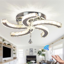 FRIXCHUR 19.7" Crystal Ceiling Light LED Modern Crystal Chandelier with Remote Control 5 Arms Flush Mount Ceiling Lamp for Dining Room Bedroom Living Room Hallway (Dimmable)