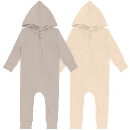 GUISBY Rayon Made from Bamboo Footless Pajamas with Mitten & Hood – Neutral Long Sleeve Romper, Soft Zip-Up Sleepwear Apricot+Khaki 6-12 Months