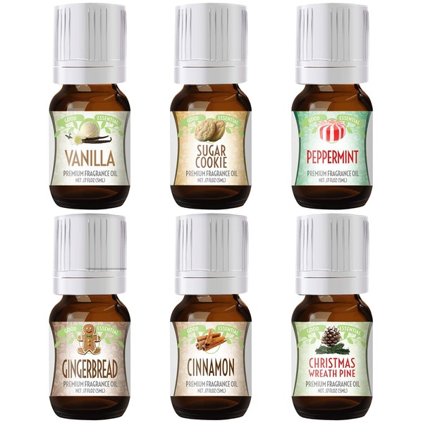 Winter Essential Oil Set of 6 Fragrance Oils - Christmas Wreath Pine, Vanilla, Peppermint, Cinnamon, Sugar Cookie, and Gingerbread by Good Essential Oils