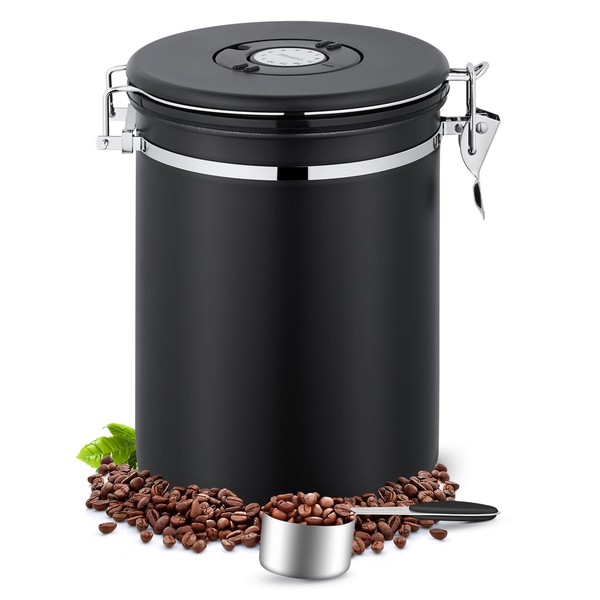 BEZORR Stainless Steel Coffee Canister, 2.8 L, Coffee Canister, Stainless Steel Coffee Container with CO₂ Valve, Coffee Storage Container with Date Display for Coffee Powder, Tea, Nuts, Cocoa Storage,