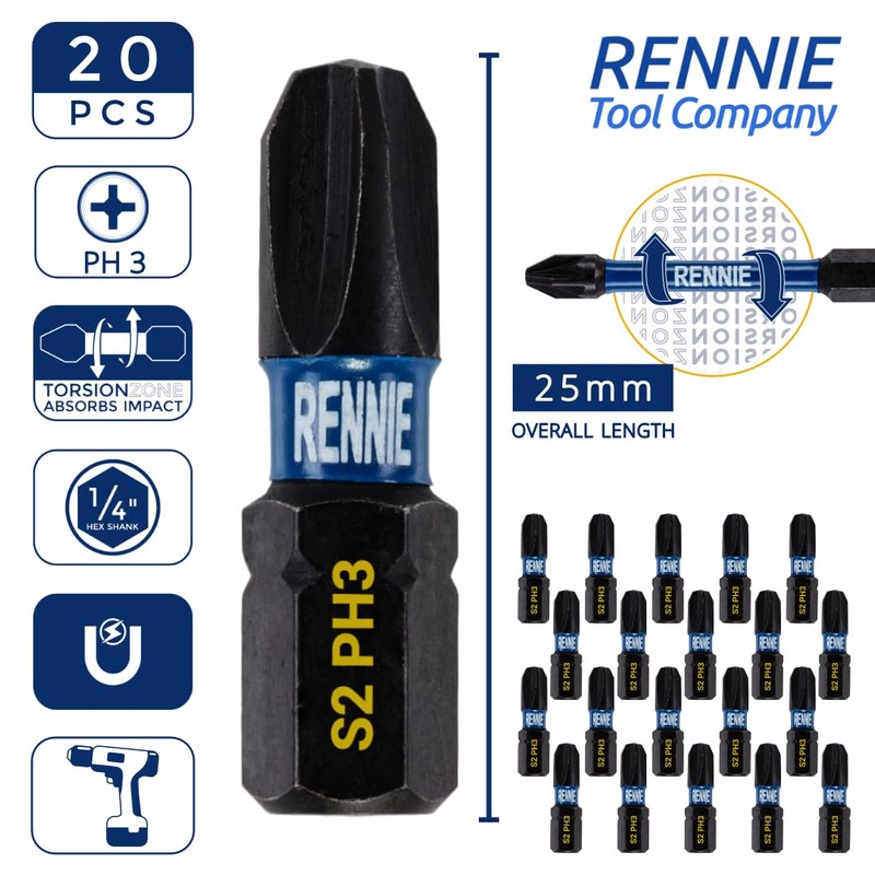 20 x Rennie Tools 25mm Long PH3 Impact Screwdriver Driver