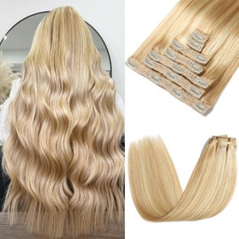 Rimoss Extensiones De Cabello Con Clip Para Cabello Humano Real, 22", 7 Piezas, Extensiones De Cabello Humano Con Clip En Extensiones De Cabello Rubio Sucio A Rubio Blanqueador Resaltado Liso, Extensi