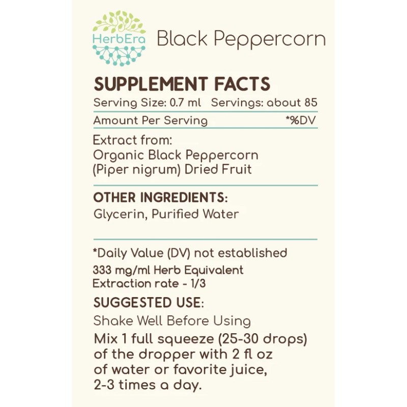 HerbEra Black Peppercorn Alcohol-FREE Tincture, Organic (Piper nigrum) - 2