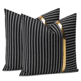 JOTOM Striped Patchwork Gold Leather Cushion Covers 45x45 cm Farmhouse Decorative Throw Pillow Covers Cushion Pillowcase for Couch Sofa Living Room Bed Home Decor 18x18 Inch Set of 2 (White Stripe B)