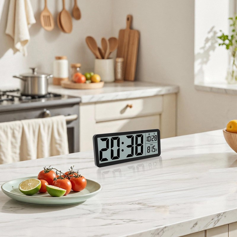 Silent Digital Wall Clock, with Large LED Temperature Display, Portable