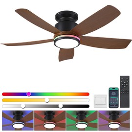 Ceiling Fans with RGB Lights and Remote/APP Control, 41" Low Profile Ceiling Fan with Dimmable White Lights + RGB Ring Lights, 5 Reversible Curved Blades 3 CCT 6 Speeds for Bedroom Living Room, Wood