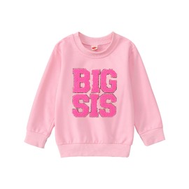 IZYJOY Big Sister Sweatshirts Toddler Baby Glitter BIG SIS Chenille Patch Letter Tops Little Girl Crewneck Pullover Outfit(BIG SIS Pink, 3-4T)