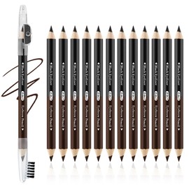 Boobeen 12pcs 2-in-1 Eyebrow Pencils and Black Eyeliner Set，Waterproof Brow Pen with Sharpener and Brush，Long Lasting Eyebrow Pencil for Women，Beginner Friendly,Dark Brown