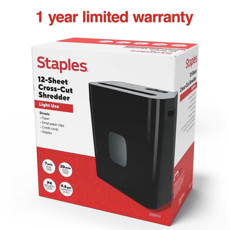 Staples Paper Shredder, 12-Sheet Cross-Cut, Anti-Jam, for Office & Home