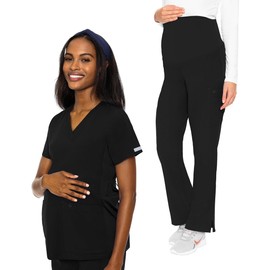 Med Couture Women's Maternity Scrub Set 5 Pockets V-Neck Top with Hemline MC628 Waist Panel For Belly Coverage Pant MC028, Black - XS Top/XS Petite Pant