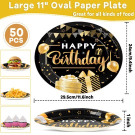50PCS Black and Gold Birthday Oval Paper Plates 11inch Large Black Party Decorations Platters, Happy Birthday Party Heavy Duty Dish Tray for Men Women Gathering BBQ Dinner Tableware Supplies