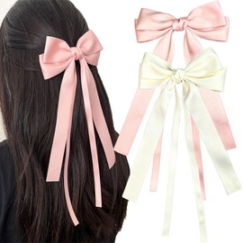 SALOCY Hair Clip - 2 Count Pink Satin Hair Ribbon Bows with Long Tail for Women Girls - Cute Hair Accessories for Hair Design