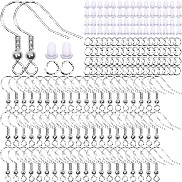 Hypoallergenic Earring Hooks, Thrilez 600Pcs Earring Making Kit with Hypoallergenic Earring Hooks, Jump Rings and Clear Rubber Earring Backs for DIY Jewelry Making (Silver)