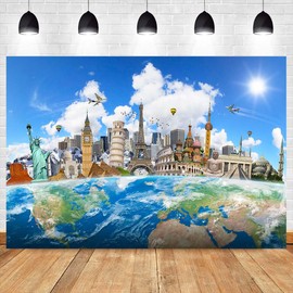 7x5ft Around The World Global Travel Photography Backdrop World Map Earth Photo Background World Famous Landmark Newyork Paris Eiffel Tower Holiday Themed Party Backdrop ZH007 ZHTAOYH
