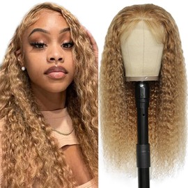 Lakaisa Deep Wave Human Hair Wig, Blonde, 4 x 4 Lace Front Real Hair Wig, Wear and Go Glueless, 100% Unprocessed Brazilian Remy Hair Wig, Real Hair, Women, No Smell for Women, 24 Inches