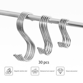CLKE Pack of 30 S Hooks, S Hooks, Stainless Steel Hooks for Hanging, S Hooks Small/Medium/Large, S-Hooks for Kitchen, Garden, Bedroom, Bathroom