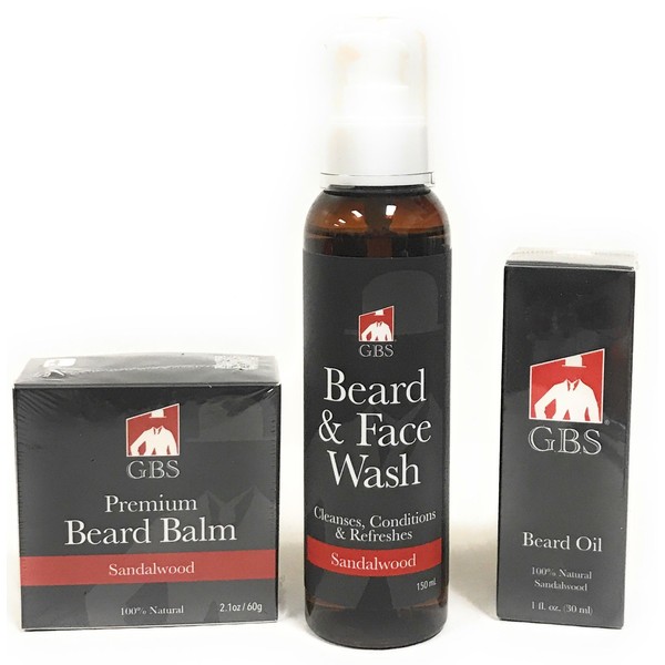 GBS Men's Beard and Hair Grooming 3 Piece Set – GBS Sandalwood Beard & Face Wash 150ml, Sandalwood Beard Oil 1oz, Sandalwood Beard Balm Wax 2.1oz