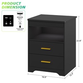 JDPAG LED Night Stand with Lockable Gun Drawer,Smart Nightstand with Charging Station,Bedside Table with 3-Color Human Sensor Light via Touch Screen,End Table with USB&Type-C Ports,2 Drawers,Black