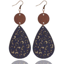 Vintage Western Ethnic Style Hollow Out Geometric Wooden Colorful Lightweight Leather Drop Dangle Earrings Bohemian Retro Statement Jewelry for Women-blue