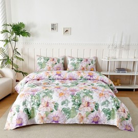 Microfibre Bed Linen for Queen Bed 180 cm, Bed Linen Set 4-Piece Prints and 2 Pillowcases 50 x 80 cm, Fitted Sheet 180 x 190/200 cm, Double Bed 240 x 250 cm, Flower Travel Purple