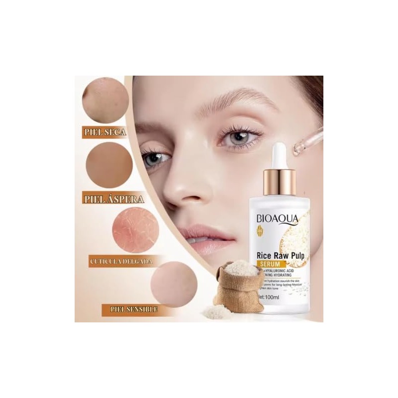 BIOAQUA Sérum Facial de Arroz con Ácido Hialurónico, 100ml, Hidratante,