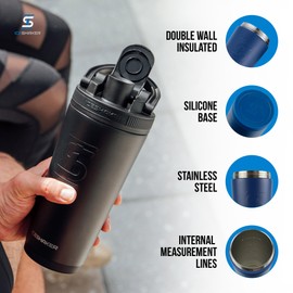 Ice Shaker Insulated Stainless Steel Shaker Bottle | 26oz, Navy | Cold for 30+ Hours | Insulated Cup with Twist-on Agitator | Odor-Free Bottle for Protein Shakes, Water, Smoothies, Cocktails