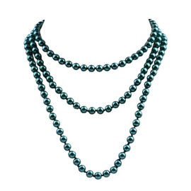 Pearls Long Statement Necklace Round Imitation Pearl Necklace Vintage Multi Pearl Strands Necklace 1920s Gatsby Costume Jewelry for Women-Emeral Green