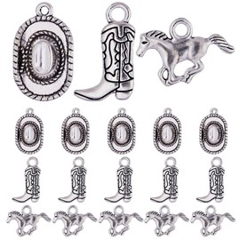 SUNNYCLUE 1 Box 90Pcs Western Cowboy Charms 3D Miniature Cowboy Hat Charm Tibetan Style Antique Silver Horse Charm Double Sided Boot Shoe Charms for Jewelry Making Charms DIY Keychain Crafts Supplies