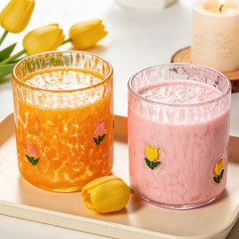 Whaline 2Pcs Tulip Flower Icon Juice Glass 14 Oz Wine Glass Yellow Pink Floral Stemless Cocktail Drinking Cups for Woman girls Gifts Home Party Favors Supplies