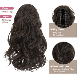 REECHO Ponytail Extension, Claw Clip in Ponytail Hair Extensions 10 Inch Short Curly Ponytail Natural Wavy Synthetic Hairpiece for Women – Black Brown