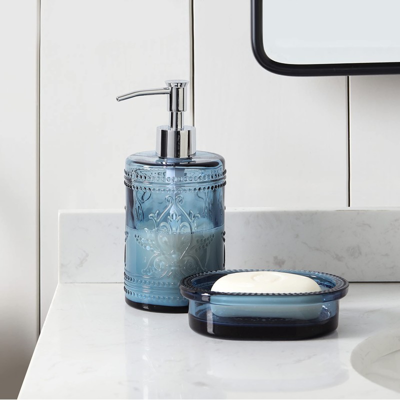 4PCs Teal Blue Glass Bathroom Accessories Set with Decorative Pressed