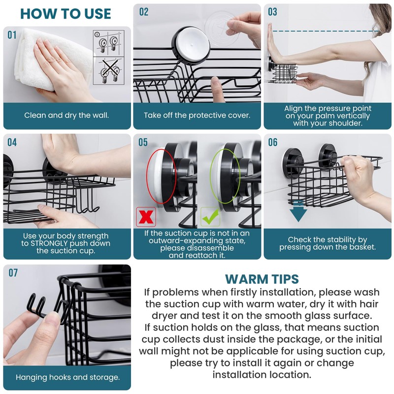 TAILI Shower Caddy Suction Cup 2 Pack with Hooks &