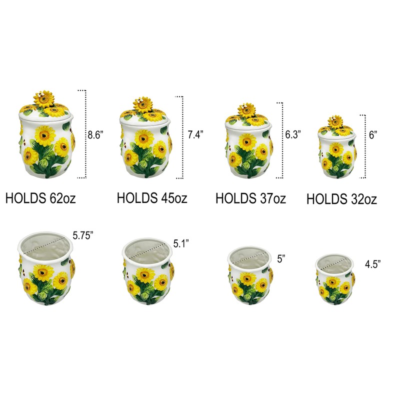 ACK 4PCs 3D Sunflower Hand Painted Ceramic Canister with Lid,