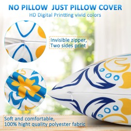 Blue Throw Pillow Covers 18x18 Set of 4 Blue and Yellow Floral Printed and Boho Farmhouse Retro Decorative Throw Pillow Cushion Covers for Sofa Bed Indoors Home Decor