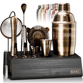BARE BARREL® Mixology Bartender Kit Bar Set | 14-Piece Cocktail Shaker Set | Martini Barware Mixing Tools for Home Bartending | Incl. 35 Recipe Cards | Gift Set (24oz Cobbler Shaker, Brass/Black)