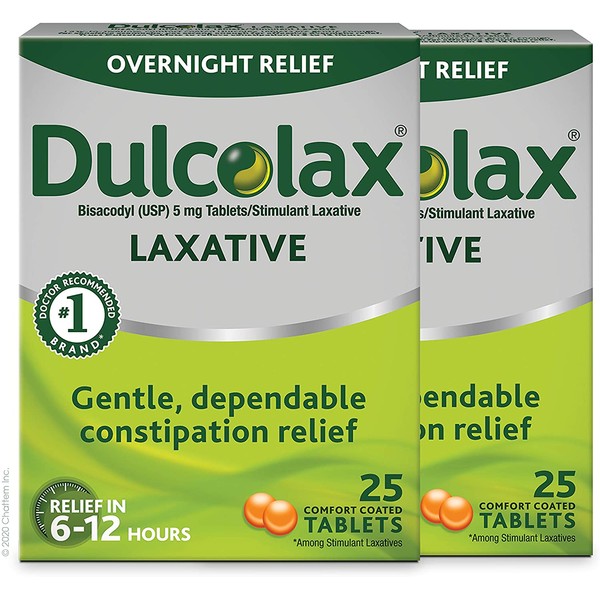 Dulcolax Laxative Tablets, Gentle, Reliable Overnight Relief from Constipation, Hard, Dry, Painful Stools, and Irregular Bowel Movements, Stimulates Bowel to Encourage Movement,25 Count (Pack of 2)