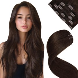 LaaVoo Clip in Hair Extensions Human Hair 18 Inch Darkest Brown Human Hair Extensions Clip in Darkest Brown Clip in Extensions Human Hair Silky Straight 5pcs/80g