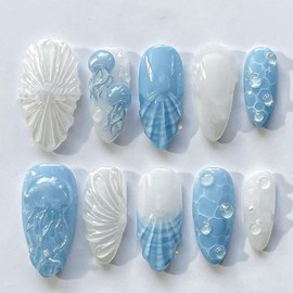 10 Pcs Handmade Medium Press on Nails Almond Blue Seawater Shell Thick Fake Nails with Glue， Reusable Artificial Acrylic Muti-Layer Gel False Nails Glue on Nail for Women（Size XS)