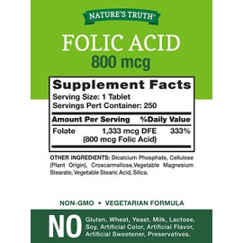 Nature's Truth Folic Acid 800 mcg | 250 Tablets | Vegetarian, Non-GMO & Gluten Free
