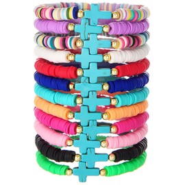 HYHONEY 12pcs Friendship Bracelets Beaded Bracelets Heishi Bracelet Cute Bracelets Stack Vinyl Clay Disc Bead Surfer Stretch Summer Beach Bracelets For Women Preppy Bracelets, adjustable, clay